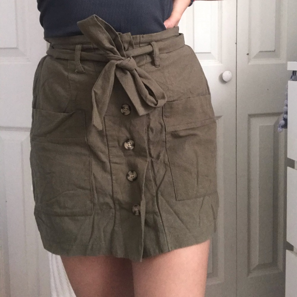 Military green button down skirt w/ self tie belt